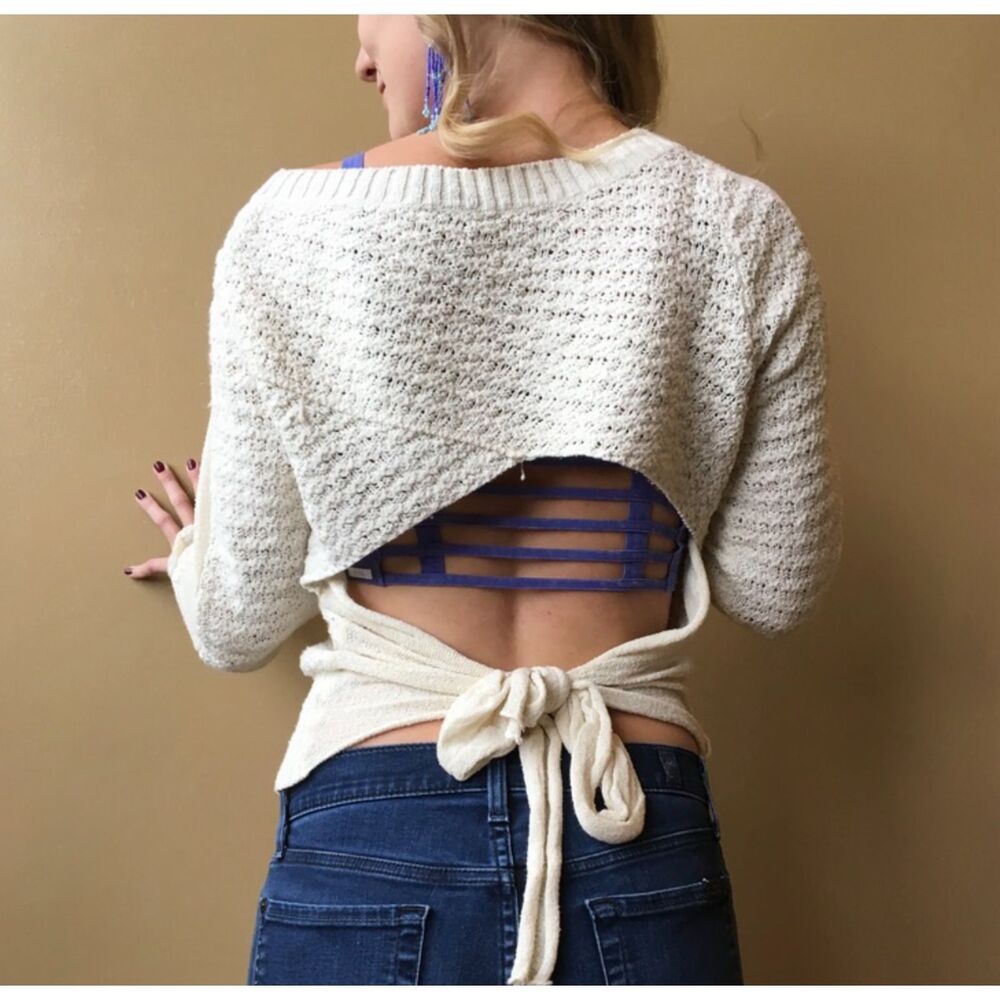 Free People, Open Back Bow Knit Sweater in Ivory, sz S